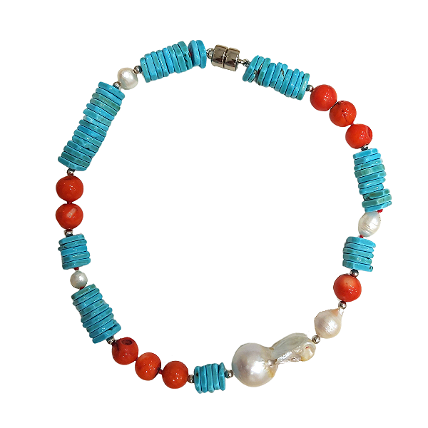 Colar de turquesa, coral e pérola barroca