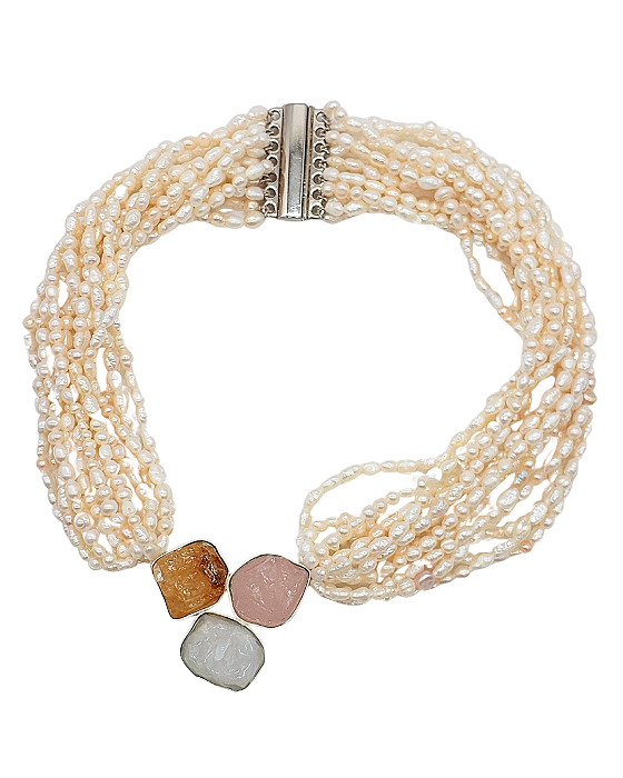 Colar de Fios de Pérola com Pingente de Cristal, Quartzo e Citrino