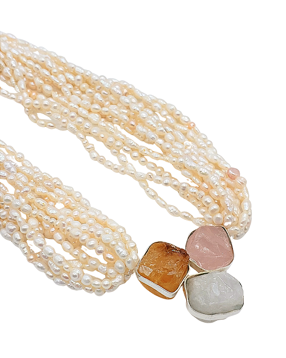 Colar de Fios de Pérola com Pingente de Cristal, Quartzo e Citrino