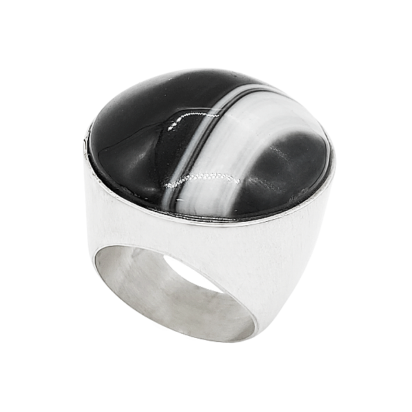 Anel em prata 925 fosca com ágata preta 27mm