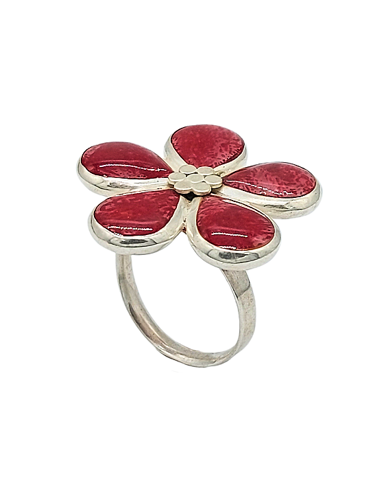 Anel de Prata com Flor de Coral Vermelho Esmaltado