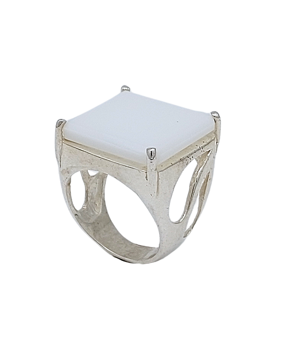Anel De Prata Com Quartzo Branco Quadrado