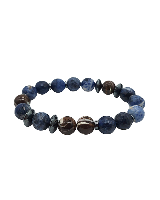 Pulseira de Sodalita Azul, Ágata Marrom e Hematita