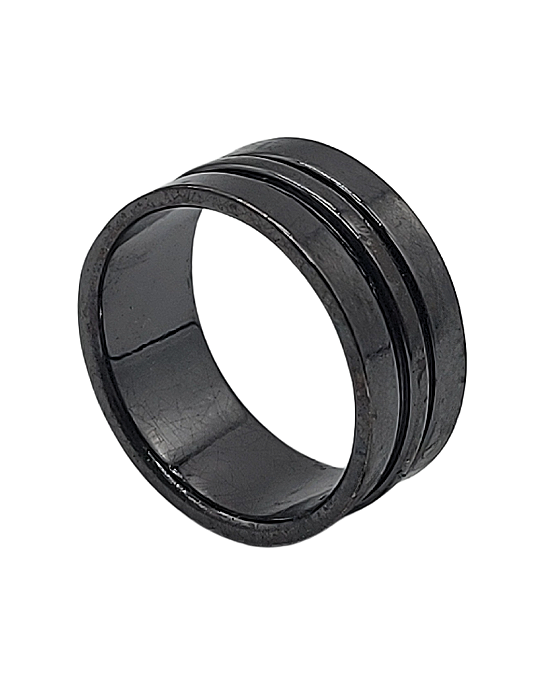 Anel de Prata Masculino com Linhas em Baixo-Relevo e Banho de Ouro Negro