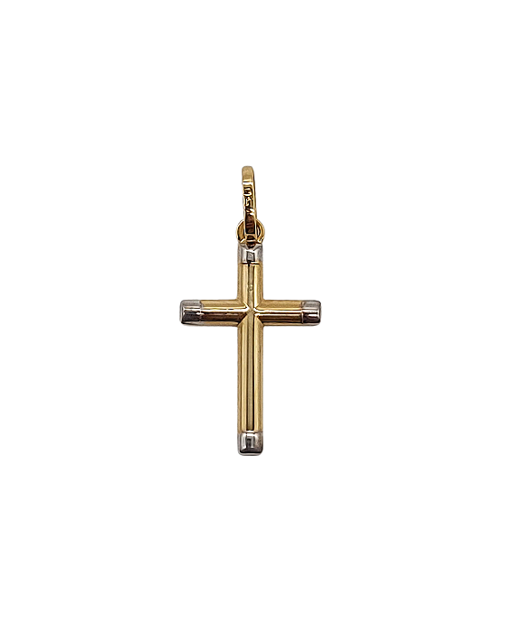 Pingente de Cruz em Ouro Amarelo com as Pontas em Ouro Branco