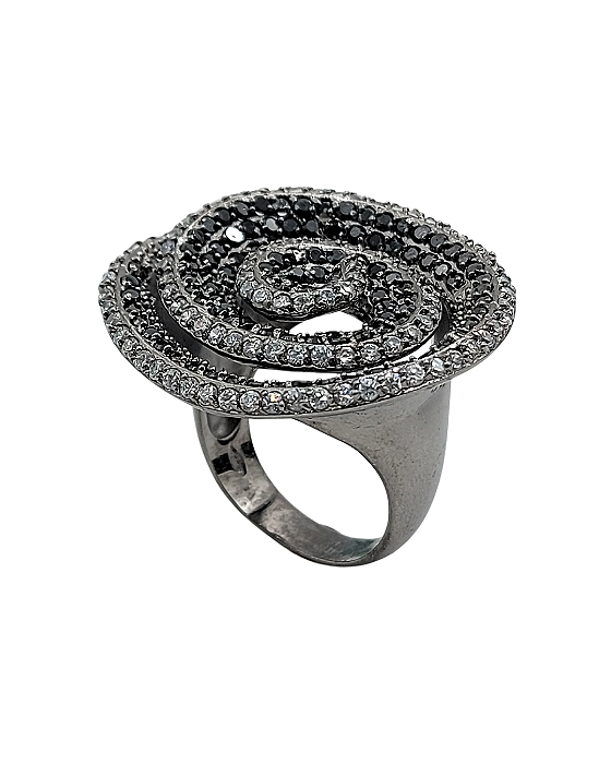 Anel Espiral em Prata com Banho de Ouro Negro e Zircônias