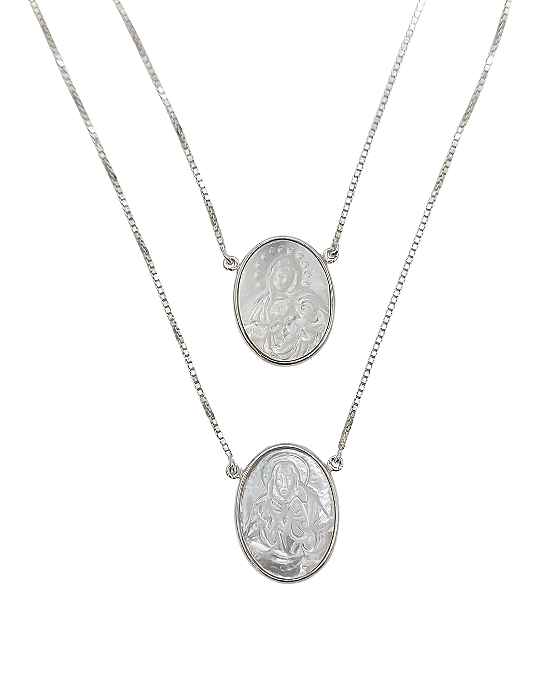 Escapulário de Prata Sagrado Coração e N.Sª. do Carmo em Madrepérola