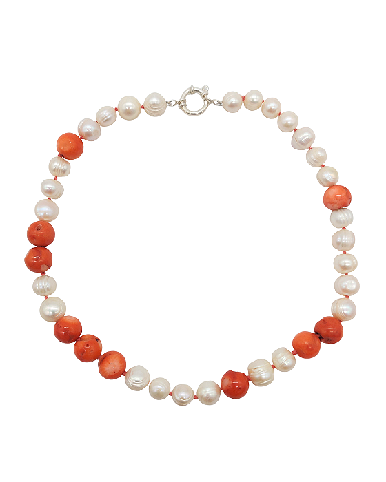 Colar de Pérola Barroca e Coral com Fecho Boia