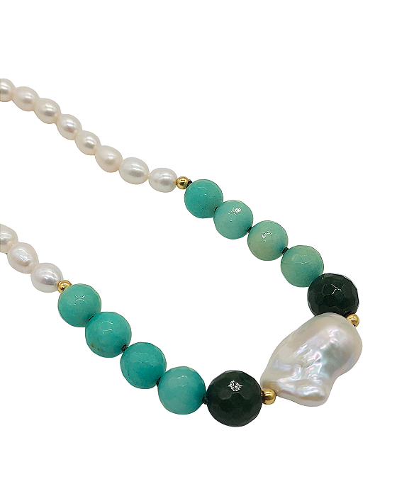 Colar com Pérola Barroca, Jade e Amazonita
