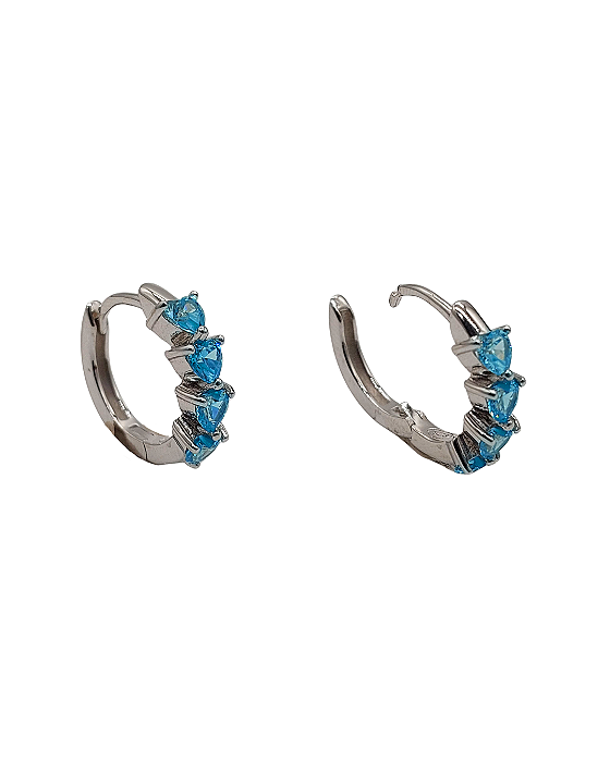 Brinco de Argola em Prata com Corações Azuis de Zircônia