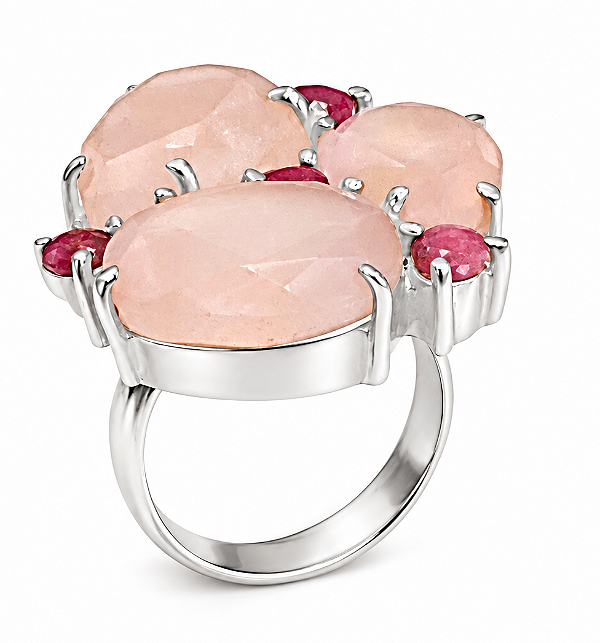 Anel de Prata e Pedra Quartzo Rosa e Rubi