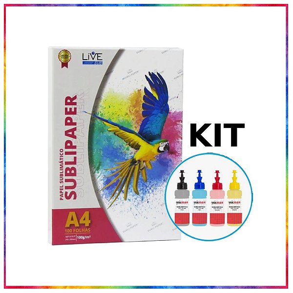 KIT PAPEL A4 SUBLIMÁTICO LIVE! + KIT TINTA COMPÁTIVEL EPSON SUBLIMÁTICA 100 ML