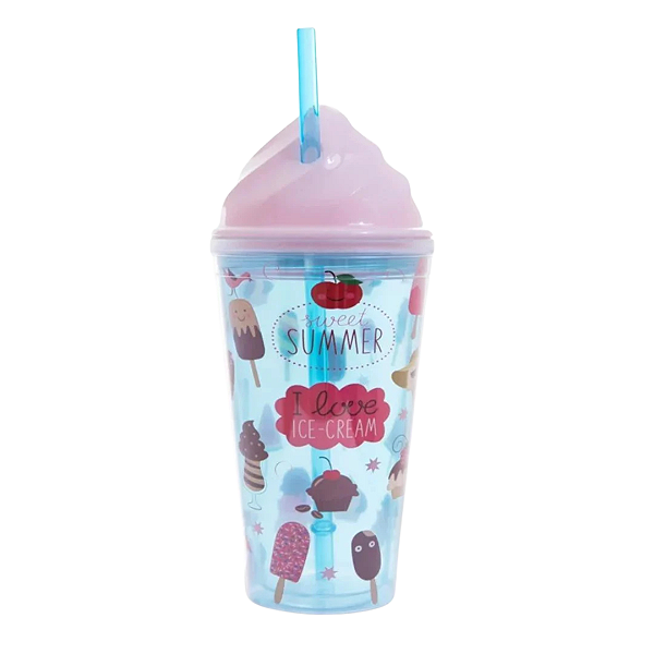 Copo Com Canudo Ice Cream Tampa Sorvete 500ml