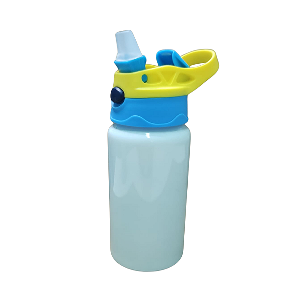 Squeeze De Aluminio Infantil Branco Com Tampa Amarela e Azul 500ml