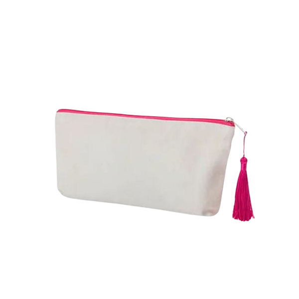 Necessaire Bege c/ Zíper e Alça Rosa Poliester 15X24CM