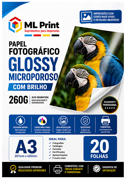 PAPEL FOTOGRÁFICO GLOSSY MICROPOROSO COM BRILHO 260G A3
