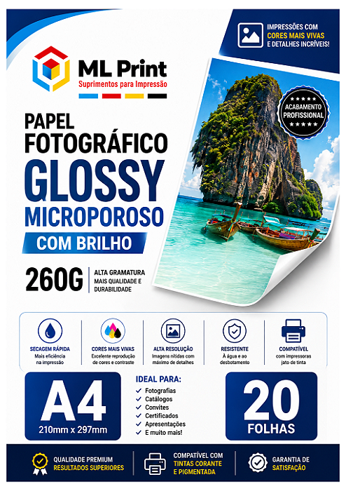 Papel Fotográfico Glossy Microporoso 260g A4 - 20 Folhas