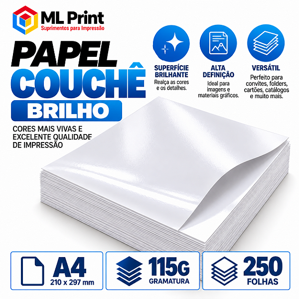 Papel Couche Brilho A4 115G - 250 FOLHAS