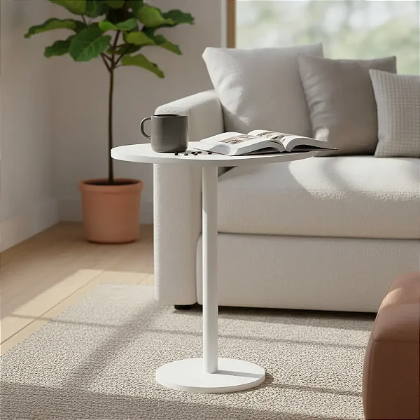 Mesa De Sofá Sala Lateral Monopé Canto Cama 65cm - Branca