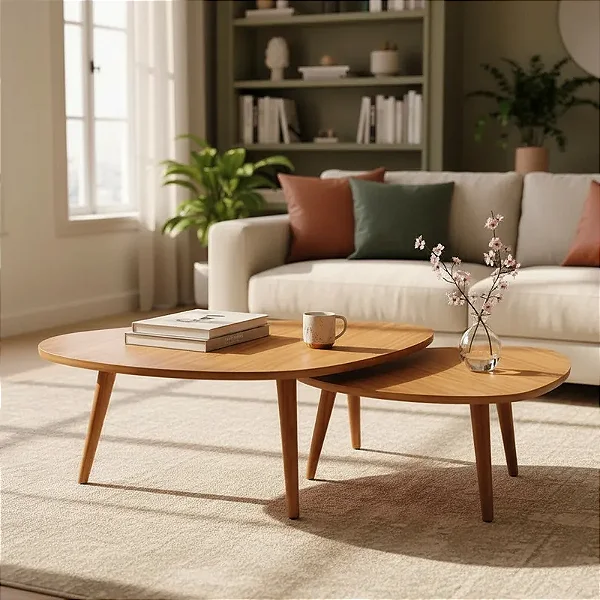 Kit 2 Mesas De Centro Madeira Sala De Estar Design Orgânico 77/93cm - Mel