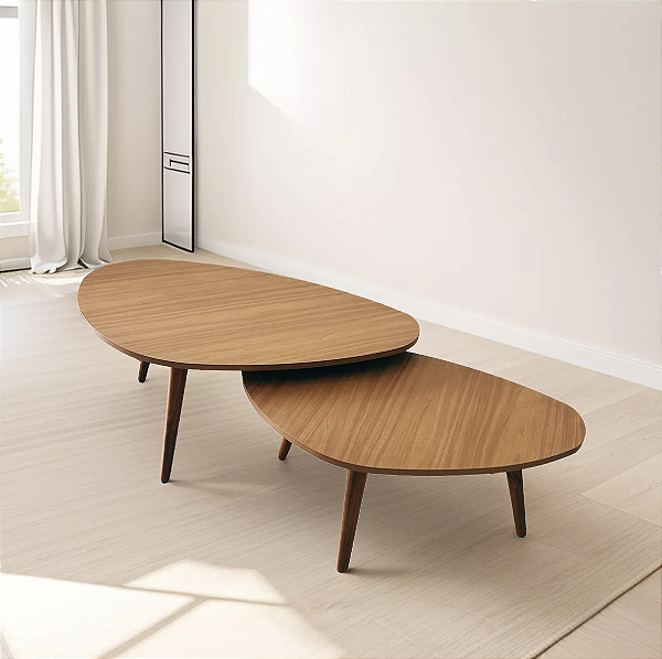 Kit 2 Mesas De Centro Madeira Design Orgânico Sala De Estar 69/77cm - Mel