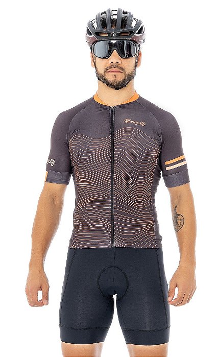 Camisa de Ciclismo Masculina SLIM Strong Life - Preto Listras laranja - Casal no Pedal