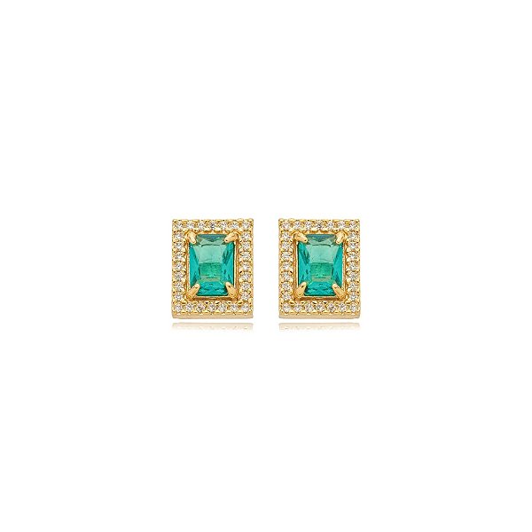 Brinco retangular cristal verde zircônia ouro semijoia