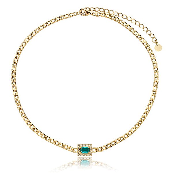 Colar choker corrente cristal verde  zircônia ouro semijoia