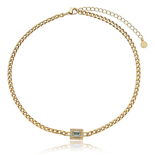 Colar choker corrente cristal azul claro  zircônia ouro semijoia