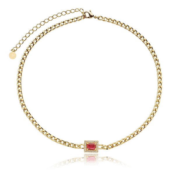 Colar choker corrente cristal rosa zircônia ouro semijoia