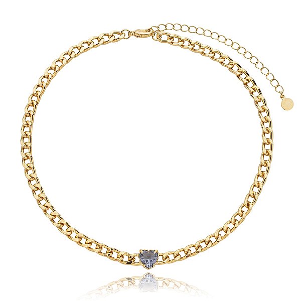 Colar choker corrente coração cristal lilás zircônia ouro semijoia