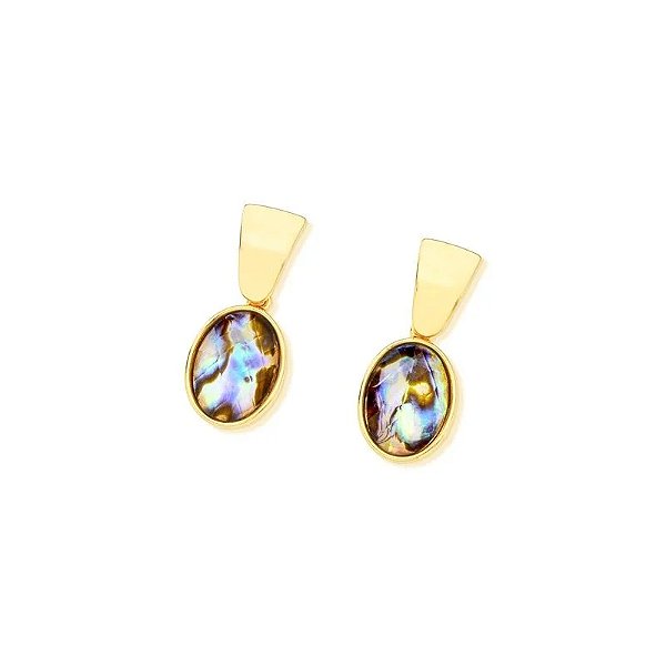 Brinco oval pedra natural abalone ouro semijoia