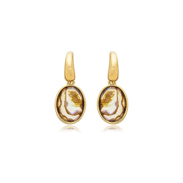 Brinco oval pedra natural abalone ouro semijoia