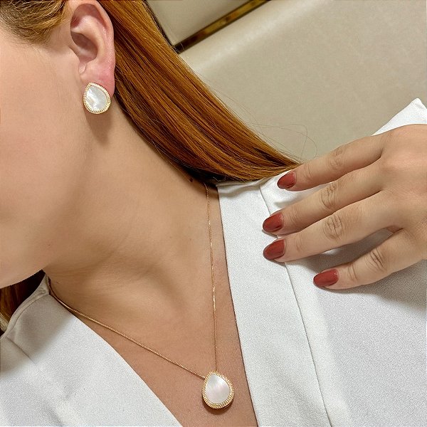 Colar e brinco gota madrepérola ouro semijoia 19k15031