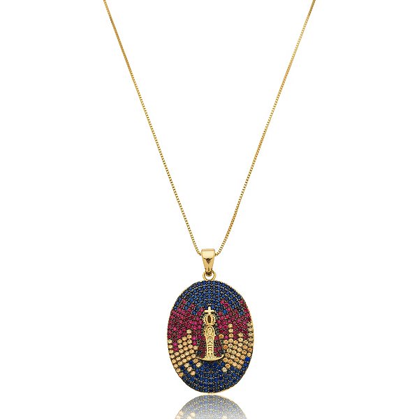 Colar Nossa Senhora Aparecida zircônia colorida ouro semijoia 1839