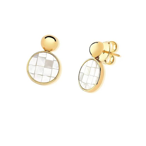 Brinco redondo pedra natural madrepérola mosaico ouro semijoia