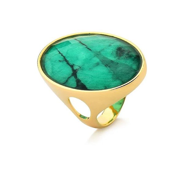 Anel oval pedra natural esmeralda ouro semijoia