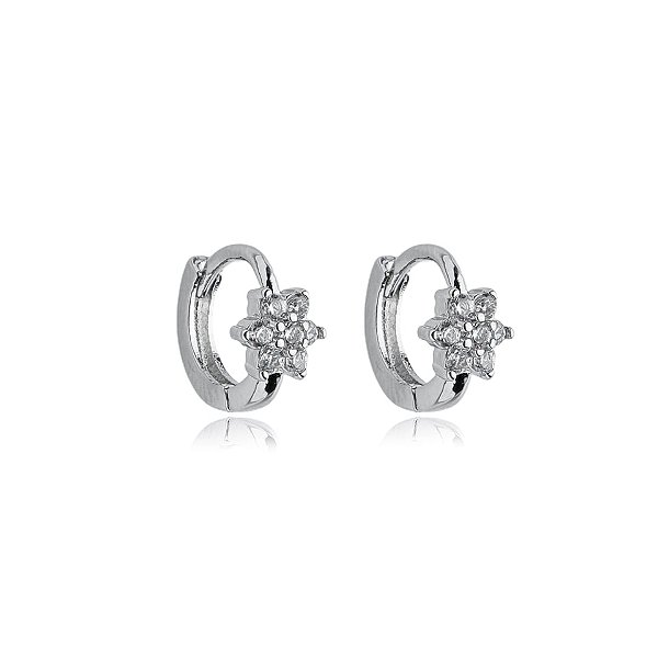 Brinco argolinha segundo furo mini flor zircônia ródio semijoia 11a04037