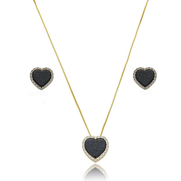 Colar e brinco coração pedra natural estrela ouro semijoia