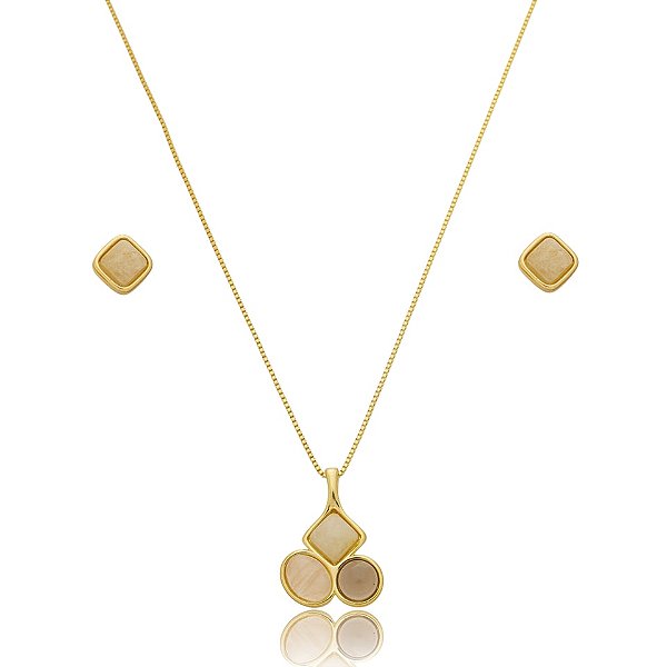 Colar e brinco pedras naturais ouro semijoia