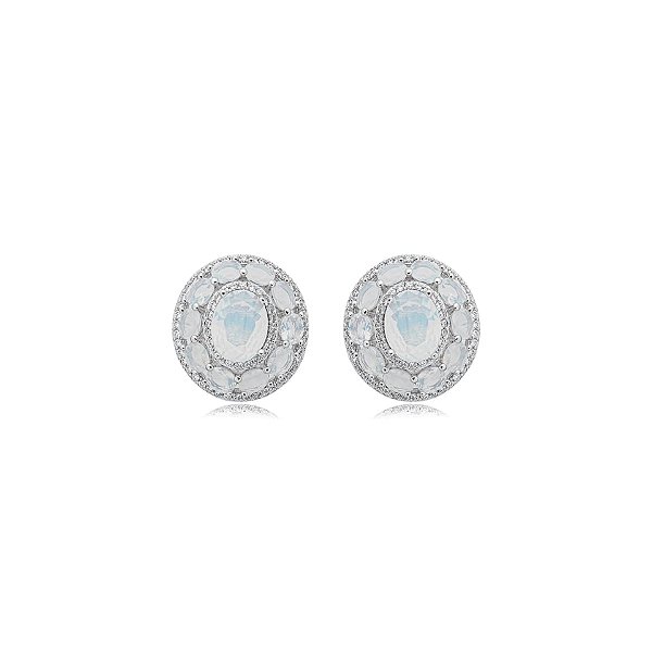 Brinco oval cristal branco leitoso ródio semijoia 18k01036