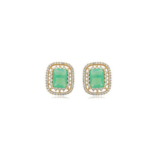 Brinco retangular cristal verde leitoso ouro semijoia