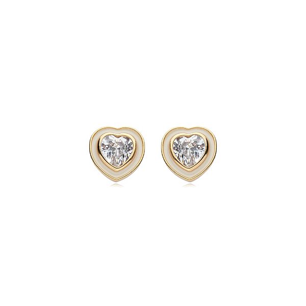 Brinco coração esmaltado cristal branco ouro semijoia 21a04016
