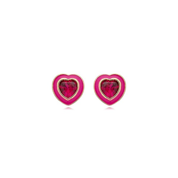 Brinco coração esmaltado cristal rosa ouro semijoia 21a04016