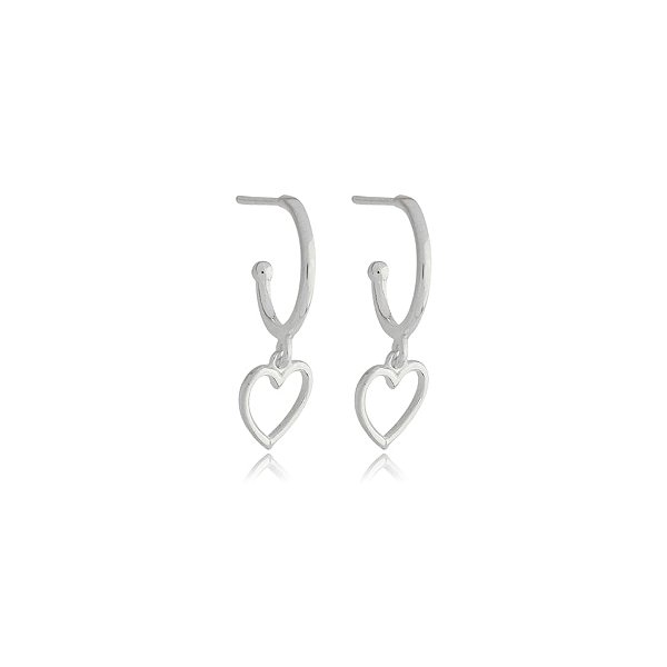 Brinco argolinha penduricalho coração vazado prata 925