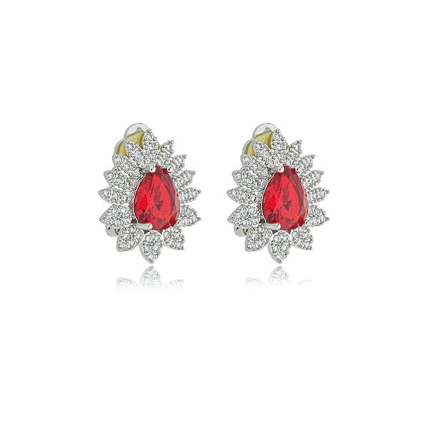 Brinco pressão gota cristal vermelho ródio semijoia