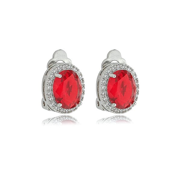 Brinco pressão oval cristal vermelho ródio semijoia