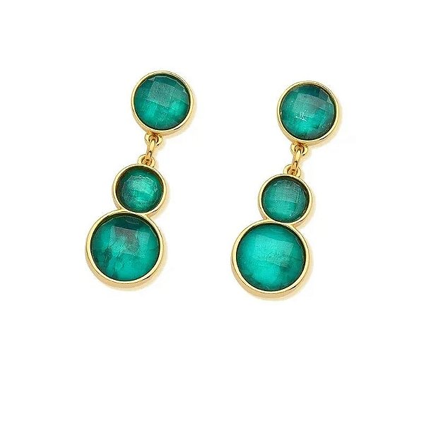 Brinco 3 pedras naturais esmeralda ouro semijoia