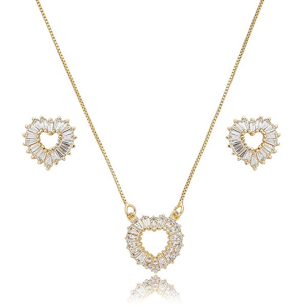Colar e brinco coração zircônia baguete ouro semijoia 21k03012