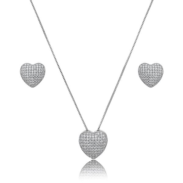 Colar e brinco coração zircônia ródio semijoia 18k12012